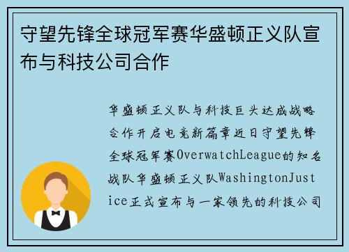 守望先锋全球冠军赛华盛顿正义队宣布与科技公司合作